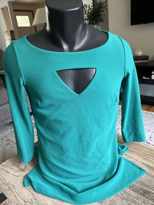 Boston Proper Green Blouse Top 3/4 Sleeve Round Neck Lined Nylon Spandex Sz XS