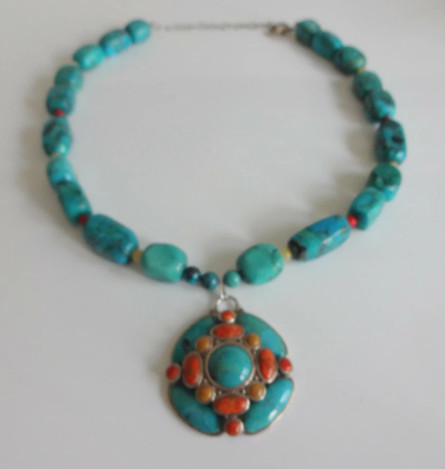 Vtg Signed Barse Sterling Silver 88g Turquoise Necklace Coral Cross Pendant 19" - Image 4 of 4