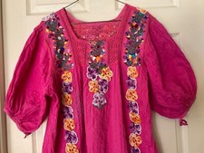 Vintage 70/80s Pink Cotton Embroidered Dress Boho Hippie Mexican Muumuu L-XL