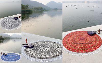 Indian Elephant Mandala Tapestry Yoga Mat Beach Round Throw Bohemian Tassel Lace