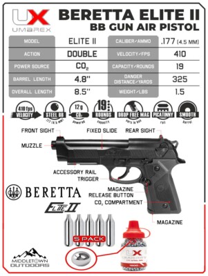 Umarex Beretta Elite II .177 Cal Air Pistol CO2 BB gun w/ BB Jug