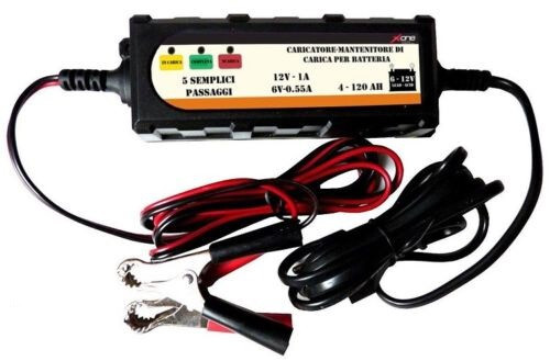 CARICABATTERIE MANTENITORE BATTERIA AUTO E MOTO PORTATILE CON CAVETTI 6V 12V 1A