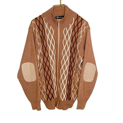 Silversilk Grandpa Cardigan Knit Sweater Brown Argyle Chunky Elbow Pad Medium