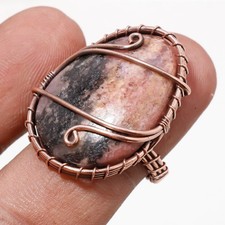 Rhodonite Gemstone Handmade Wedding Gift Wire Wrap Copper Jewelry Ring 8" PG 485