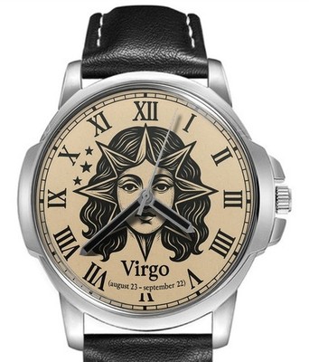Sternzeichen Jungfrau Lederband großes Zifferblatt Armbanduhr