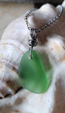 Green Sea Glass Necklace on 1Stainless Steel Chain Hawaiian Beach Ocean Tropical