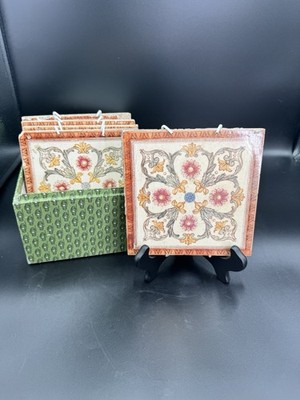 Vintage Italian Ceramic Tile Trivet Set Floral Scroll Wall Decor 6  Tuscan