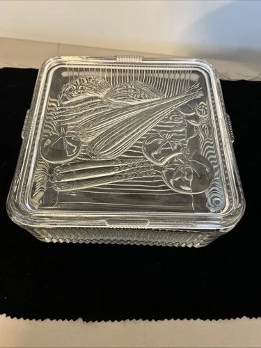 Vintage Federal Glass Refrigerator Dish 8.5" Square with Embossed Vegetables Lid