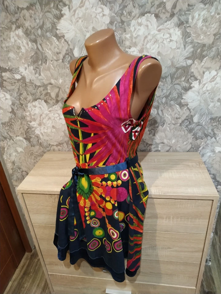 Desigual women's dress size L blue multicolor Gold, floral, Belt, Midi - Image 4 of 4