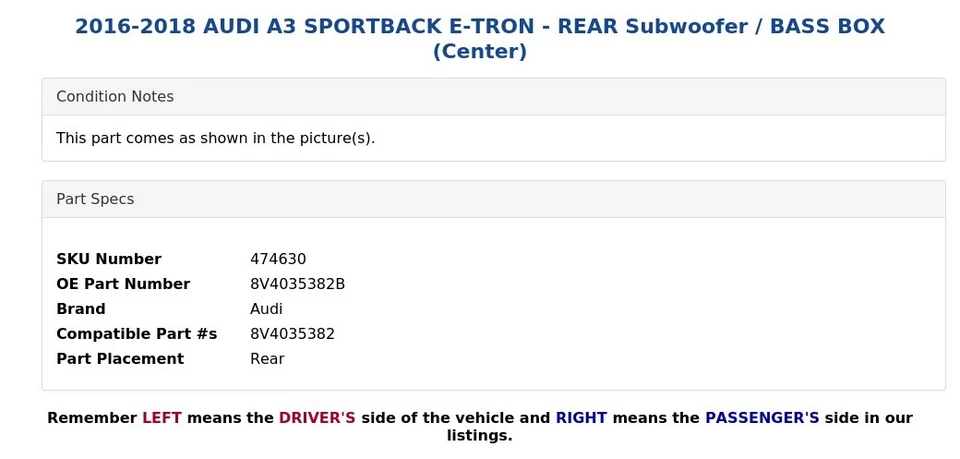 AUDI A3 SPORTBACK E-TRON 2016-2018 - Subwoofer trasero / CAJA DE BAJOS (centro) Foto 4 de 4