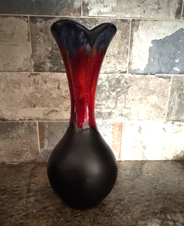 Vintage Haeger Art Pottery Black Mystique Orange Red Lava Drip MCM Vase #4001