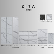 ZITA Bedroom Furniture Range Wardrobe Chest Bedside in White Marble Effect