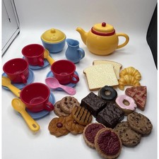 Kids Plastic Tea Part Play Set , Cups Utensils Teapot And Bakery. Pre- Owned