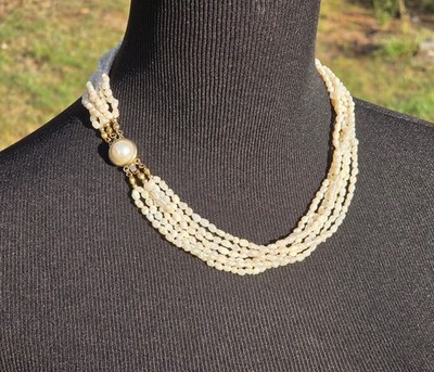 Vintage 6 Strand Freshwater Rice Pearl Necklace 18'' Box Clasp Marked Silver 48g