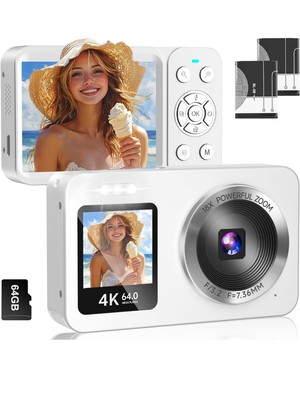 Digital Camera, 4K 64MP UHD Dual Screens Camera, 18X Zoom, Portable Small Point 