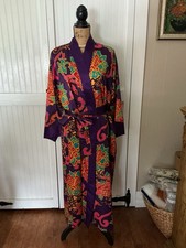Vtg Natori Kimono Robe XL Colorful Bold Floral Belted Wrap Pockets 3/4 Sleeve