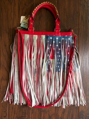 Heritage West Patriotic American Flag Fringe Western Crossbody Satchel NWT