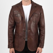 Men's Genuine Cowhide Leather Blazer Brown Black Notch Lapel Sport Coat Jacket