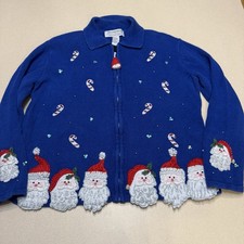 Vtg 2004 Tiara International Christmas Sweater Wom Med Santa Claus Zip Cardigan