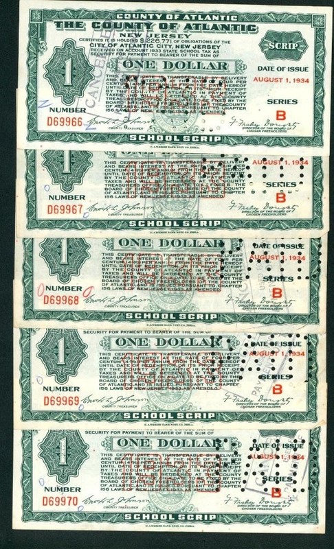 ((5 CONSECUTIVE)) $1 1934 The County of Atlantic - School Scrip -New Jersey