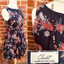 CLOSET Size 14 Navy Blue Floral Dress Evening Spring Holiday Excellent S9