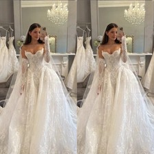 Appliques Wedding Dresses with Detachable Sleeves Chapel Train Bridal Gowns