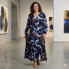 Nine West Maxi Dress Women 3X Black Blue Abstract Smocked Tiered Long Sleeve