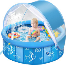 Baby Pool with Canopy Sprinkler, 47In Foldable Kiddie Pool with Pop up Mosquito