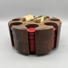 Vintage Round 7.5" Wood 8 Rack Poker Chip Holder Caddy, Chips And Vintage Cards