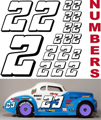WHITE w/Black (#2's) Racing Numbers Decal Sticker Sheet 1/8-1/10-1/12 HOBBYWING 