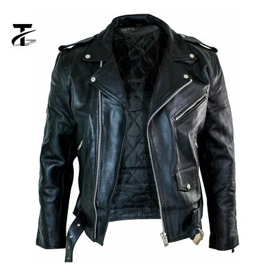 Men's Genuine Buffalo Leather Motorcycle Jacket  Brando Style Black Biker Jacket