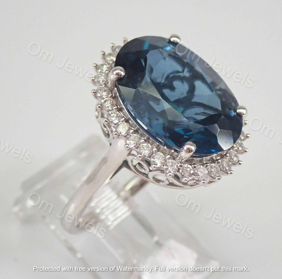 4Ct Oval Cut London Blue Topaz Diamond Halo Engagement Ring 14K White Gold Over - Image 3 of 4