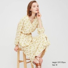 Uniqlo Joy Of Print Cream & Yellow Floral Long Sleeve Midi Dress S