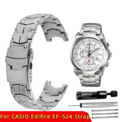 Stainless Steel Watch Strap for CASIO Edifice EF-524 EF524D Silver Safety Clasp