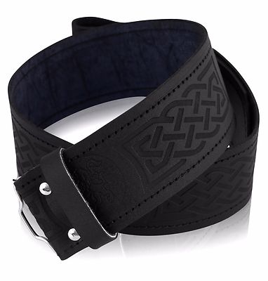 Leather Kilt Belt - Adjustable Celtic Embossed Belt For Highland Kilts, Brown, Width 2.25 Inches (XL Size)