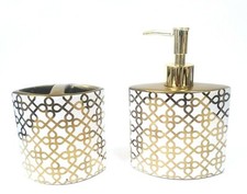 2 PCS WHITE,GOLD OVAL CERAMIC GEOMETRIC PATTERN SOAP DISPENSER,TOOTHBRUSH HOLDER