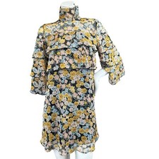 Zara Floral High Neck Ruffled 3/4 Sleeve Babydoll Mini Shift Dress Size XS