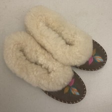 Vintage Fur Slippers Womens Size 6 Fur Lined Suede Brown with Embroidery