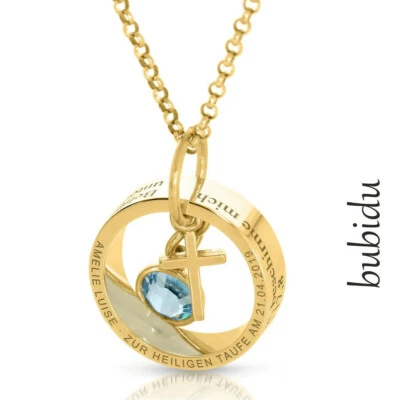 GALWANI Taufkette Ring Gravur vergoldet Namenskette Kreuz Anhänger Geburtsstein gold