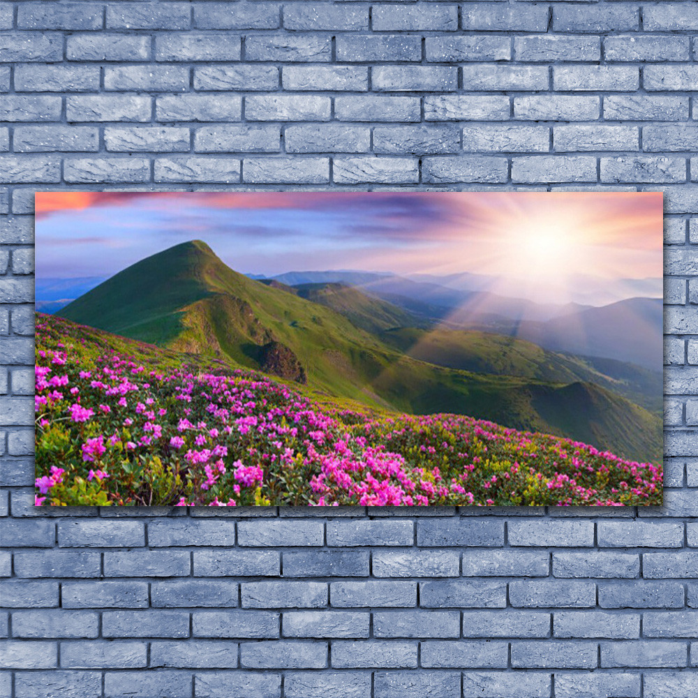 Photo sur toile montagnes et fleurs 140x70 cm pour décoration salon moderne