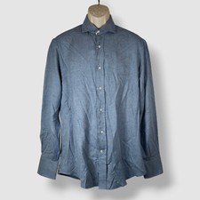Brunello Cucinelli Men's Blue Herringbone Flannel Sport Button-Up Shirt Size L