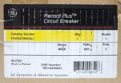 GENERAL ELECTRIC FGN36DB400LF 400 AMP RECORD PLUS Circuit Breaker FGN36AA0400R0