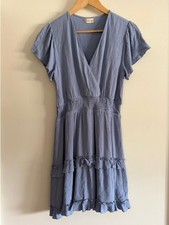 Altar'd State Dusty Blue V-Neck Smocked Waist Tiered Mini Dress Cottagecore Boho