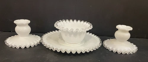4 Pcs Fenton Silver Crest White Milk Glass Salad Plate Candle Holders Mayonnaise