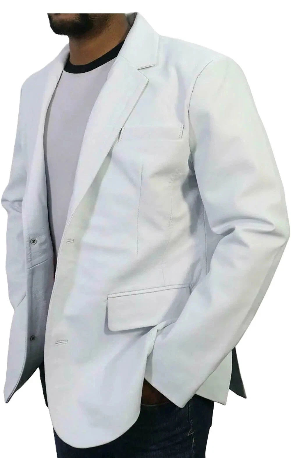 Men's White Genuine Lambskin Leather Blazer Classis Two Button Western StyleCoat