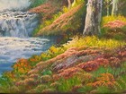 Oil Painting 20x24” Colorful landscape with tall waterfall, autumn tree forest — photo 3