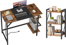 Computer Desk and Bookshelf Bundle, Home Office Desk with Power Outlet & 2 Shelv