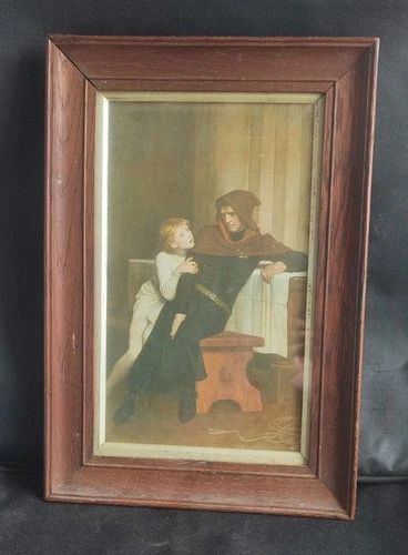 Vintage Religious Art Print Monk Child Teaching Scene Framed Wall Decor 34x24