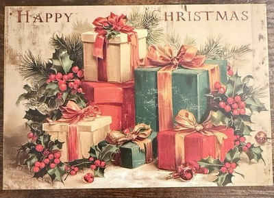 Happy Christmas Retro Presents And Holly Postcard Pc422 Tonya Ephemera Christmas
