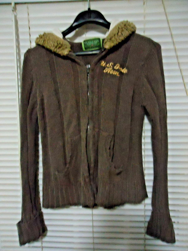 CLASSIC Y2K JR LADIES US POLO ASSN HOODED KNIT SWEATER JACKET ZIP up,Large,brown